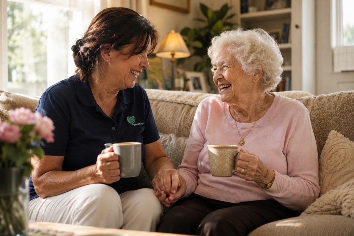 Caregiver and senior enjoying friendly conversation.