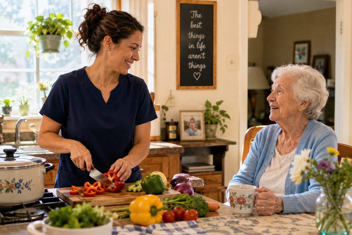 Caregiver preparing a meal and tidying a senior's kitchen.