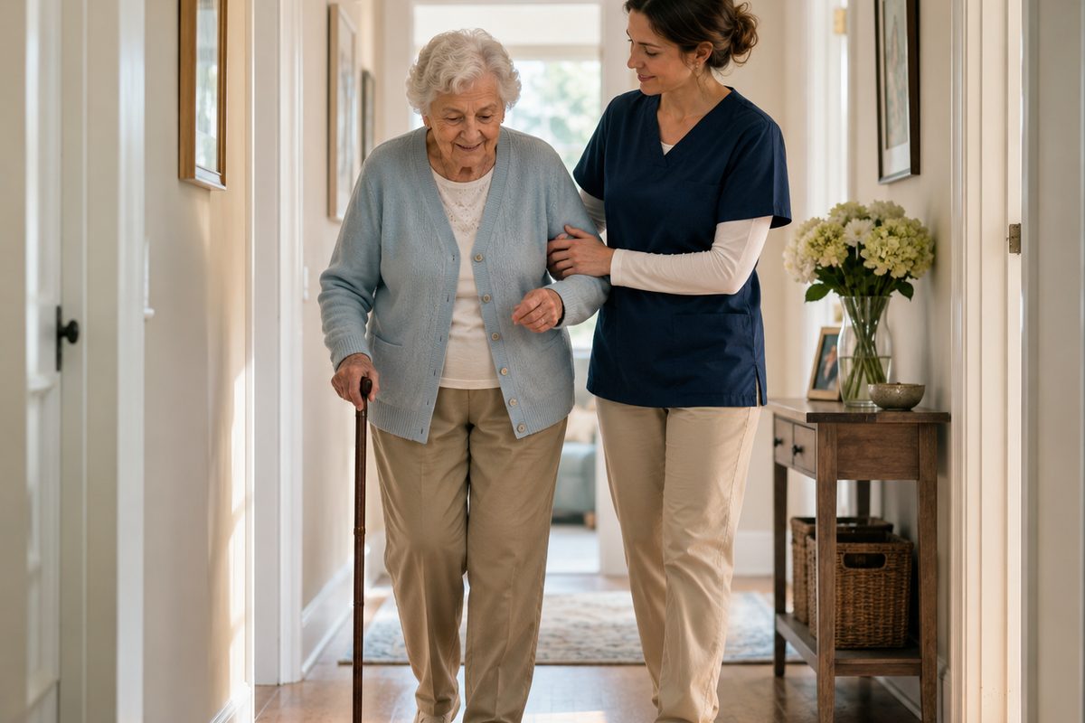 Caregiver gently assisting a senior with a daily routine at home.